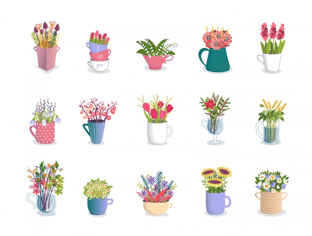 Multicolored flowers in mugs, florist compositions of tulips, orchids, lilies, daisies and bouquet in floral cups illustration set.