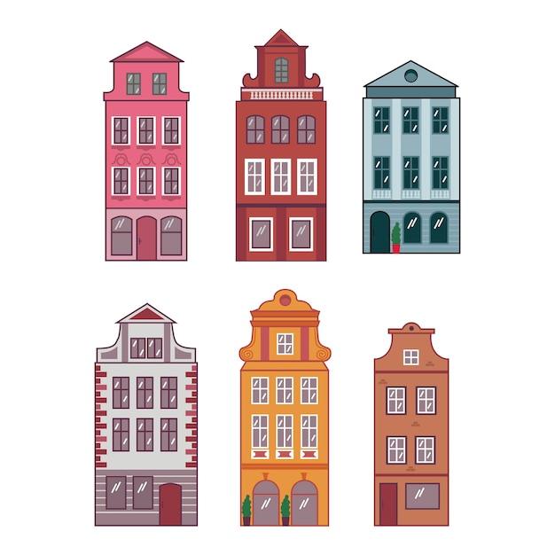 Multicolored houses in the style of Amsterdam, Prague. Vector set - European old town. European architecture. Stylized facades of old buildings.