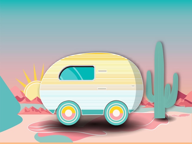 Multicolored Paper Style Camper Van Against Sun Landscape Background