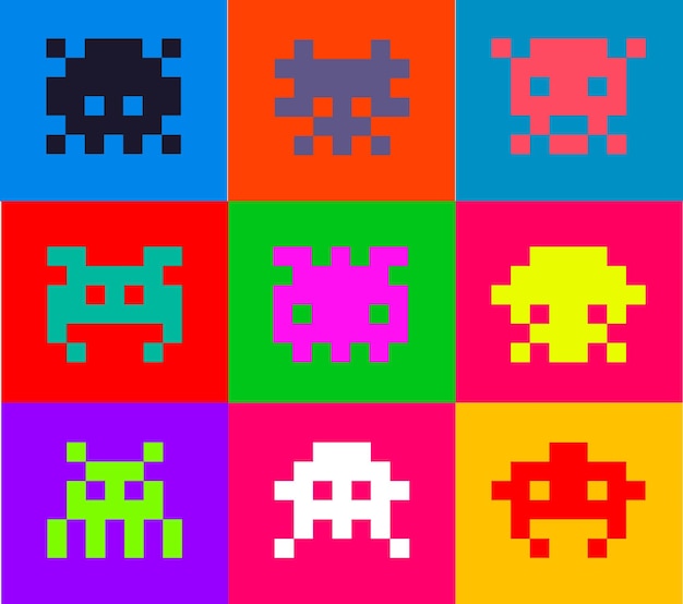 Multicolored set of pixel crab aliens. Space aliens. Pixel art