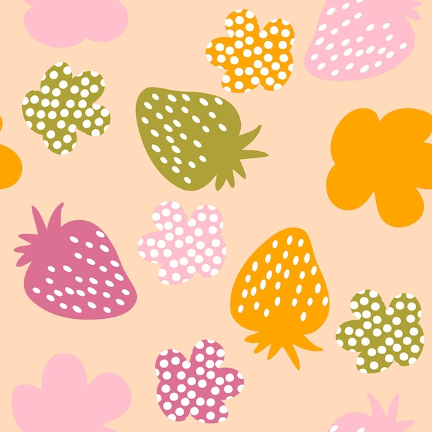 Multicolored strawberries and spotted flowers seamless pattern Perfect for Tshirt textile and prints Hand drawn vector illustration for decor and design