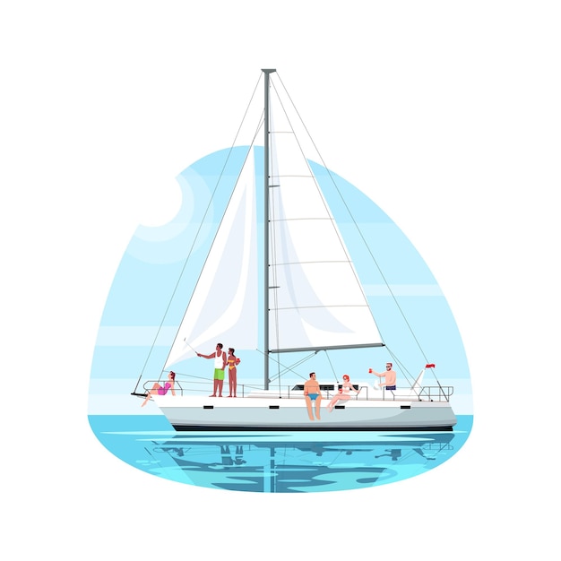 Vector multicultural group on regatta semi flat vector illustration. people rest on boat. trip on luxury ship. private yacht for voyage. summer recreation 2d cartoon characters for commercial use