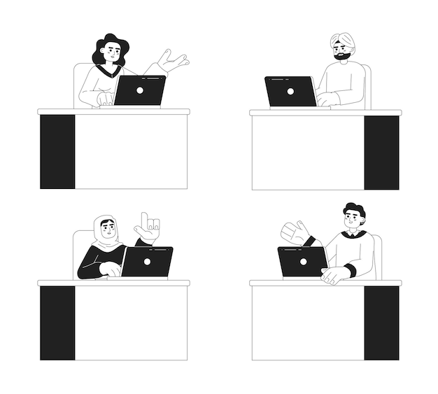 Multicultural workers at office semi monochrome concept vector spot illustrations set People sitting at desk 2D flat bw cartoon characters for web UI design Isolated editable creative hero image