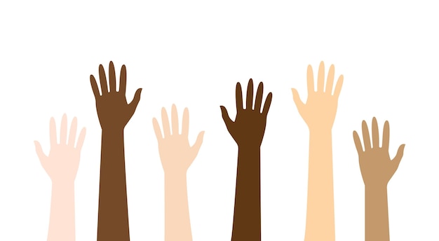 Multiethnic and Diverse Hands Raised Up Isolated on White Background Vector Illustration