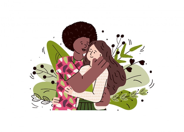 Multiethnic loving couple hugging, sketch cartoon illustration 