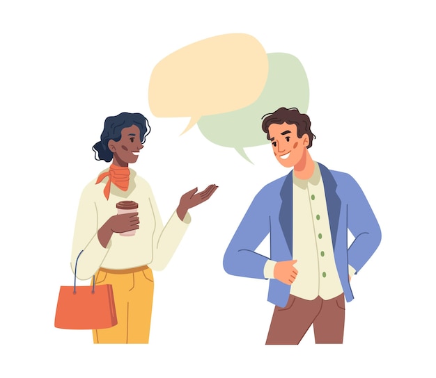 Multiethnic people afro american woman and caucasian man talking speech bubbles over heads flat