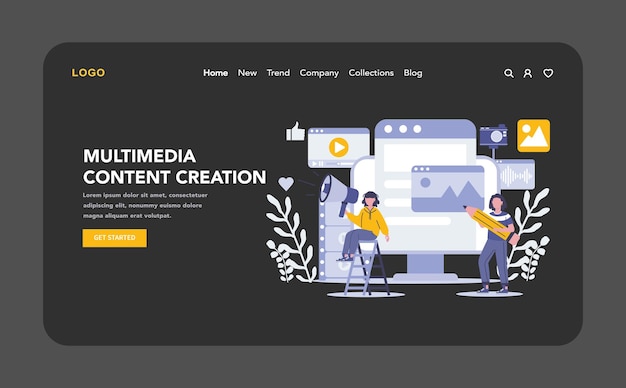 Multimedia content creation night or dark mode web or landing page unleashing creativity across