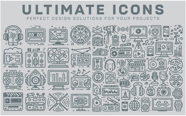 Multimedia technology TV video and music cinema production thin line icons set vector