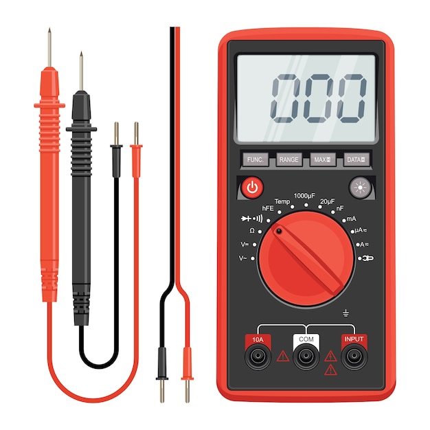 Vector multimeter electrical or electronics in red silicone shell, with probes. electrician power tools. multimeter and socket.