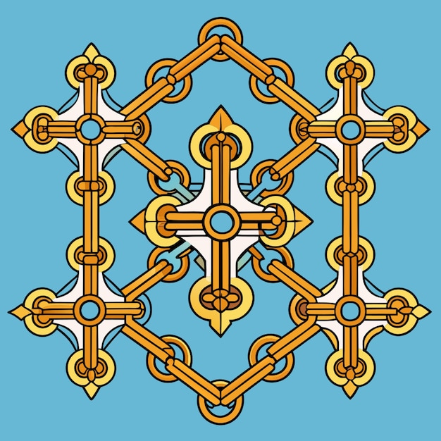 Vector multiple filligree biblical crosses with chain link weaving throughout vector illustration cartoon