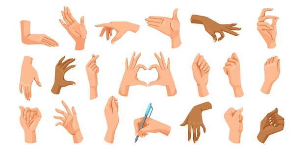 Vector multiple hand gestures in various positions vector illustration on a white background concept of communication and expressions vector illustration