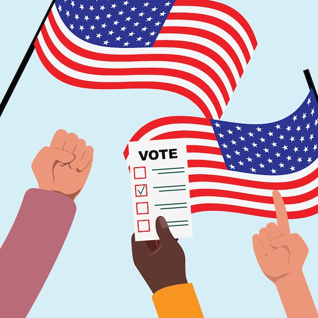 Vector multiple hands holding voting cards against waving american flags