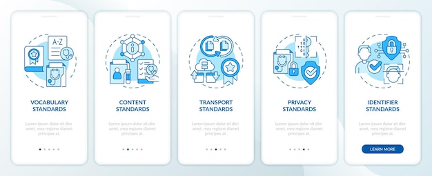 Multiple icons representing health interoperability resources mobile app screen set Walkthrough 5 steps graphic instructions with thin line icons concept UI UX GUI template