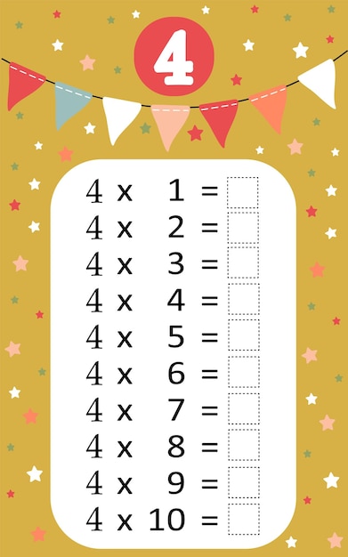 Multiplication table by 4 with a task to consolidate the knowledge of multiplication Vector