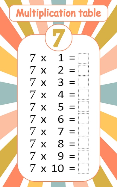 Multiplication table by 7 with a task to consolidate the knowledge of multiplication Vector