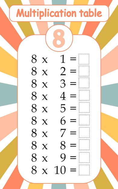 Multiplication table by 8 with a task to consolidate the knowledge of multiplication Vector