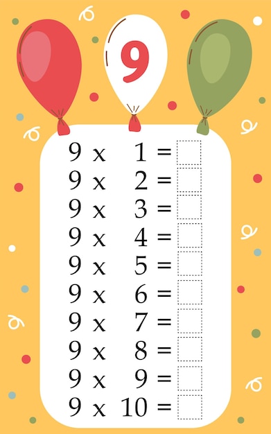 Vector multiplication table by 9 with a task to consolidate the knowledge of multiplication vector