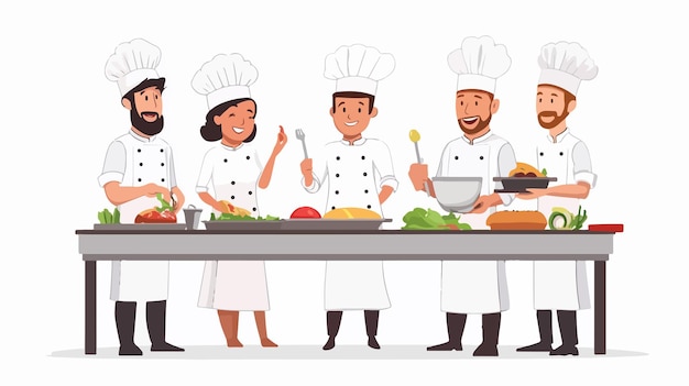 Vector multiracial chefs preparing food in kitchen culinary diversity at work