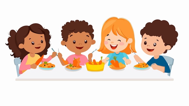 Vector multiracial children enjoying nutritious breakfast with fresh carrots