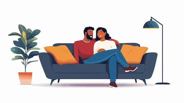 Multiracial Couple Relaxing Together on Sofa Cozy and Happy Moments at Home