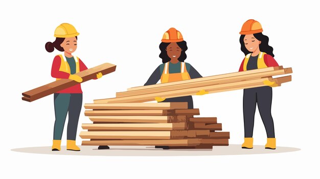 Vector multiracial female coworkers organizing wooden planks together in office setting