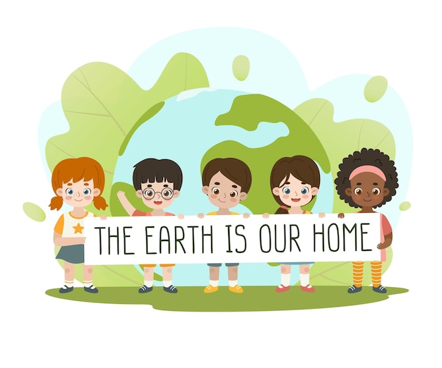 Multiracial kids standing in front of the planet earth with long banner