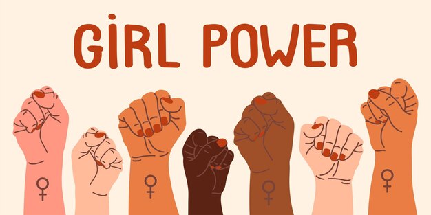 Vector multiracial woman's hands girl power sisterhood support protest revolution feminists fight vector