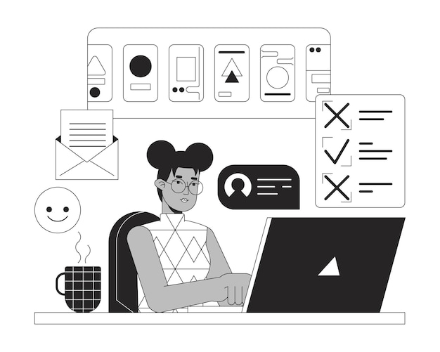 Multitask freelancer bw concept vector spot illustration Remote work Busy woman working on laptop 2D cartoon flat line monochromatic character for web UI design Editable isolated outline hero image