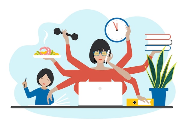 Multitask woman Mother businesswoman with child working coocking and calling Flat vector