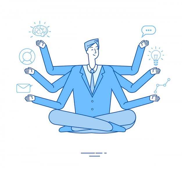 Vector multitasking businessman. project manager sitting in relaxation yoga lotus pose thinking on tasks. effective management  concept