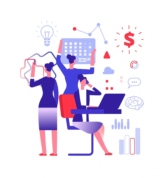 Multitasking concept. Businesswoman solving urgent tasks. Project management, achievement and work skill vector illustration