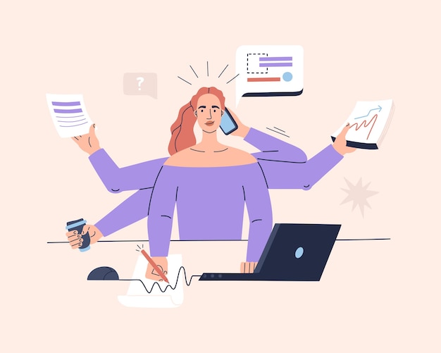 Multitasking girl performs many tasks at the same time. Workplace at home for a freelancer, busy talking on the phone, working on a laptop, signing papers. Hand drawn vector illustration. Flat style.