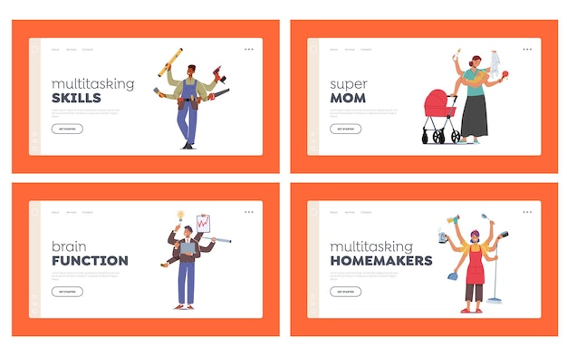 Multitasking Landing Page Template Set People with Many Arms Doing Multiple Tasks Mother with Baby Housewife