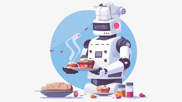 Vector multitasking robot chef baking and cooking flat vector illustration