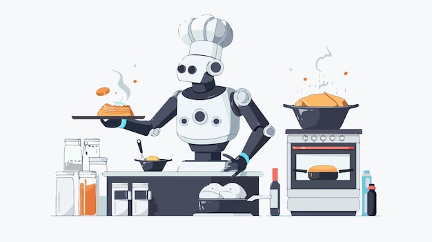 Vector multitasking robot chef baking and cooking flat vector illustration