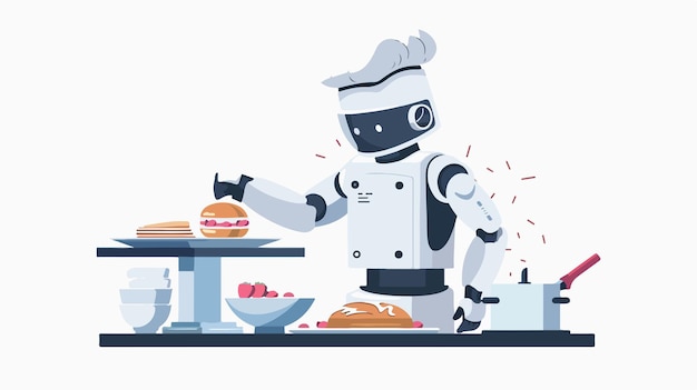 Vector multitasking robot chef baking and cooking flat vector illustration