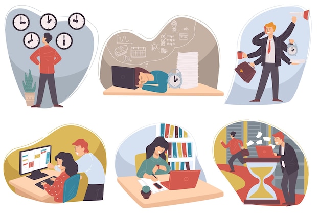 Multitasking and time management for managers and businessmen People dealing with deadlines working on projects in teams Exhausted character sleeping at work by laptop Vector in flat style