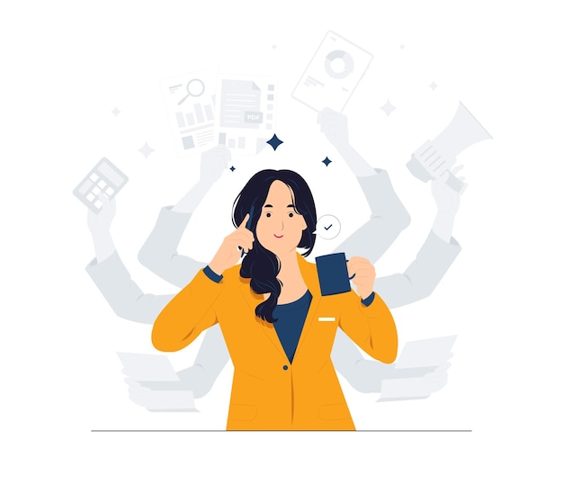 Multitasking woman with many hands in a suit Works simultaneously with several objects concept illustration