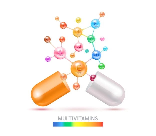 Multivitamins capsules complex minerals in molecular form Vitamin isolated on white background