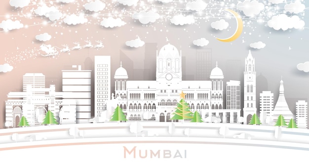 Mumbai India City Skyline in Paper Cut Style with Snowflakes Moon and Neon Garland