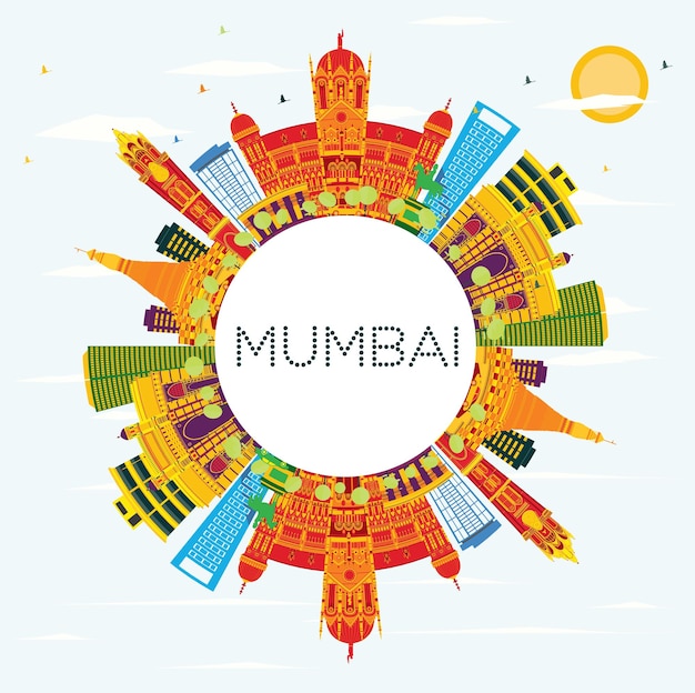 Mumbai India Skyline with Color Buildings, Blue Sky and Copy Space. Vector Illustration. Business Travel and Tourism Concept with Historic Architecture.