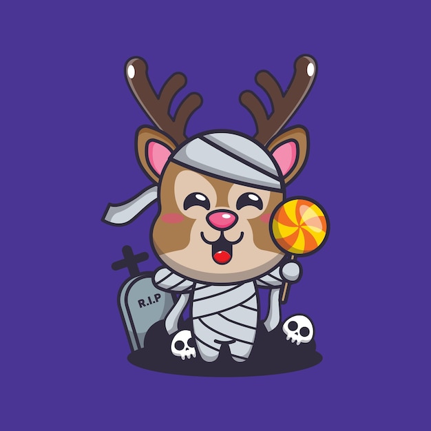 Vector mummy deer  holding halloween candy. cute halloween cartoon illustration.