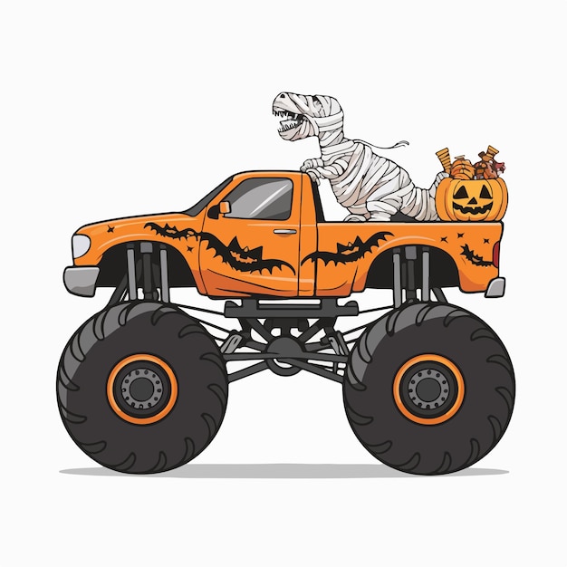 Vector mummy dinosaur riding a dragon truck with halloween theme giant tires