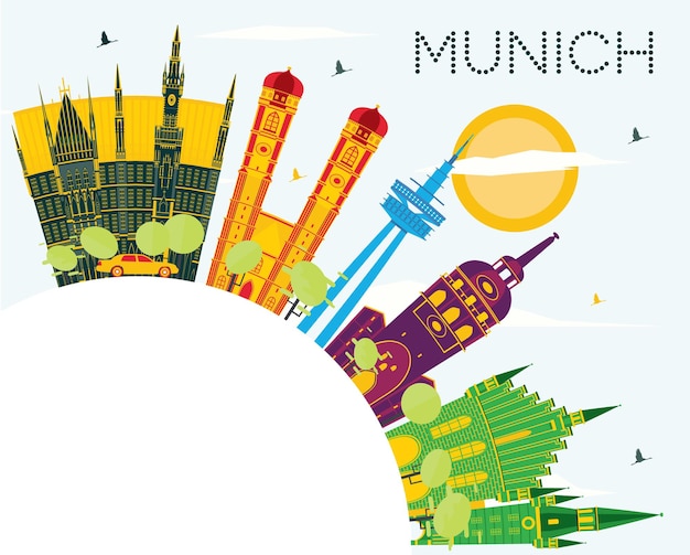 Munich Germany City Skyline with Color Buildings, Blue Sky and Copy Space. Vector Illustration. Business Travel and Tourism Concept with Historic Architecture. Munich Cityscape with Landmarks.