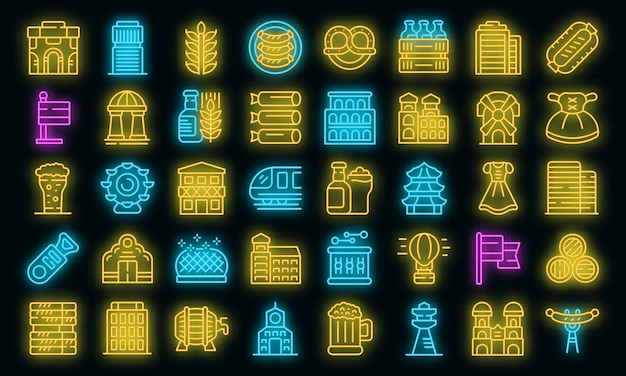 Munich icons set vector neon