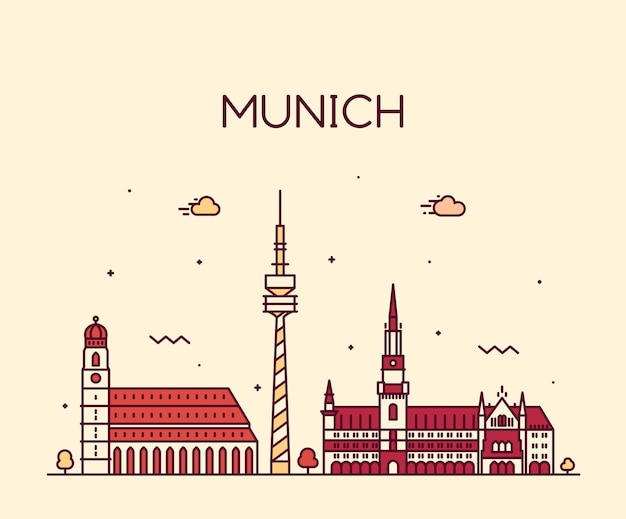 Munich skyline, detailed silhouette. Trendy vector illustration, linear style