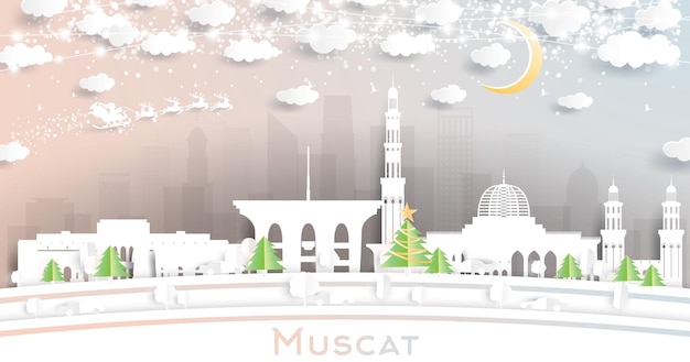 Muscat Oman City Skyline in Paper Cut Style with Snowflakes Moon and Neon Garland