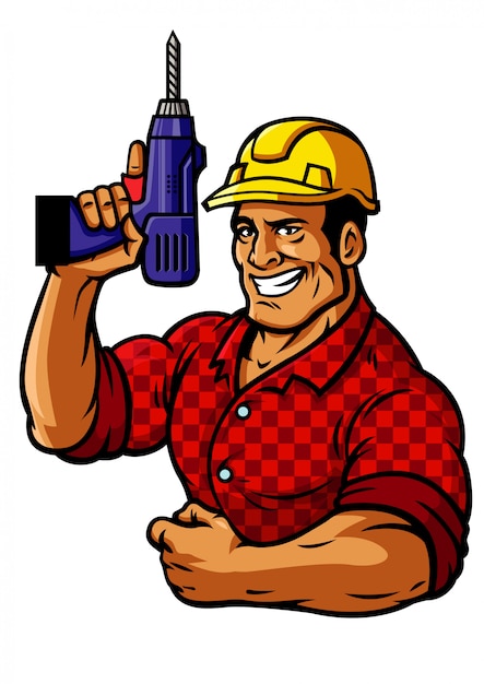 muscle construction worker hold the drill