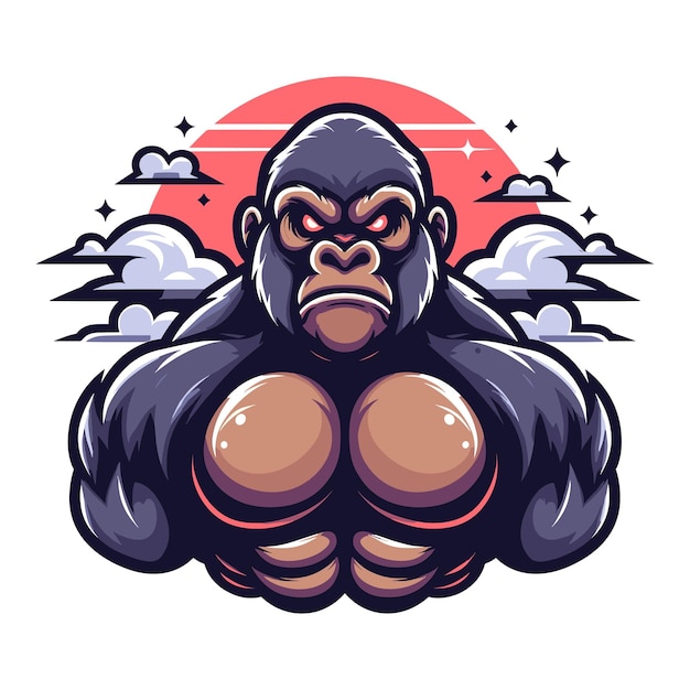 Vector muscle gorilla ape monkey mascot design logo vector illustration isolated on white background