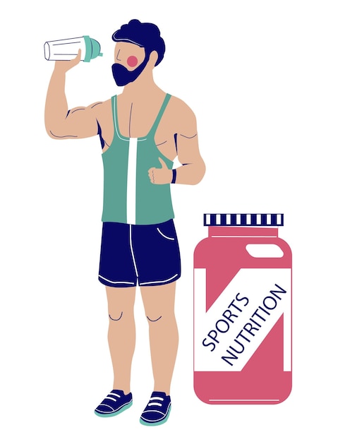 Vector muscled sportsman drinking protein cocktail nearby sports nutrition pack